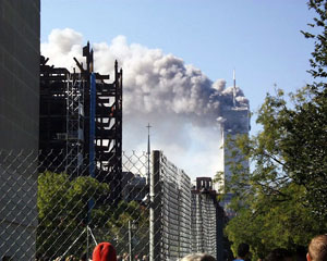 WTC Tower on Fire from Washington Square Park 1